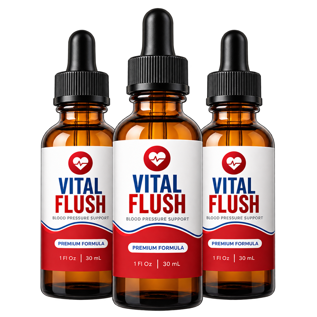 Three bottles of VitalFlush daily drops in amber glass